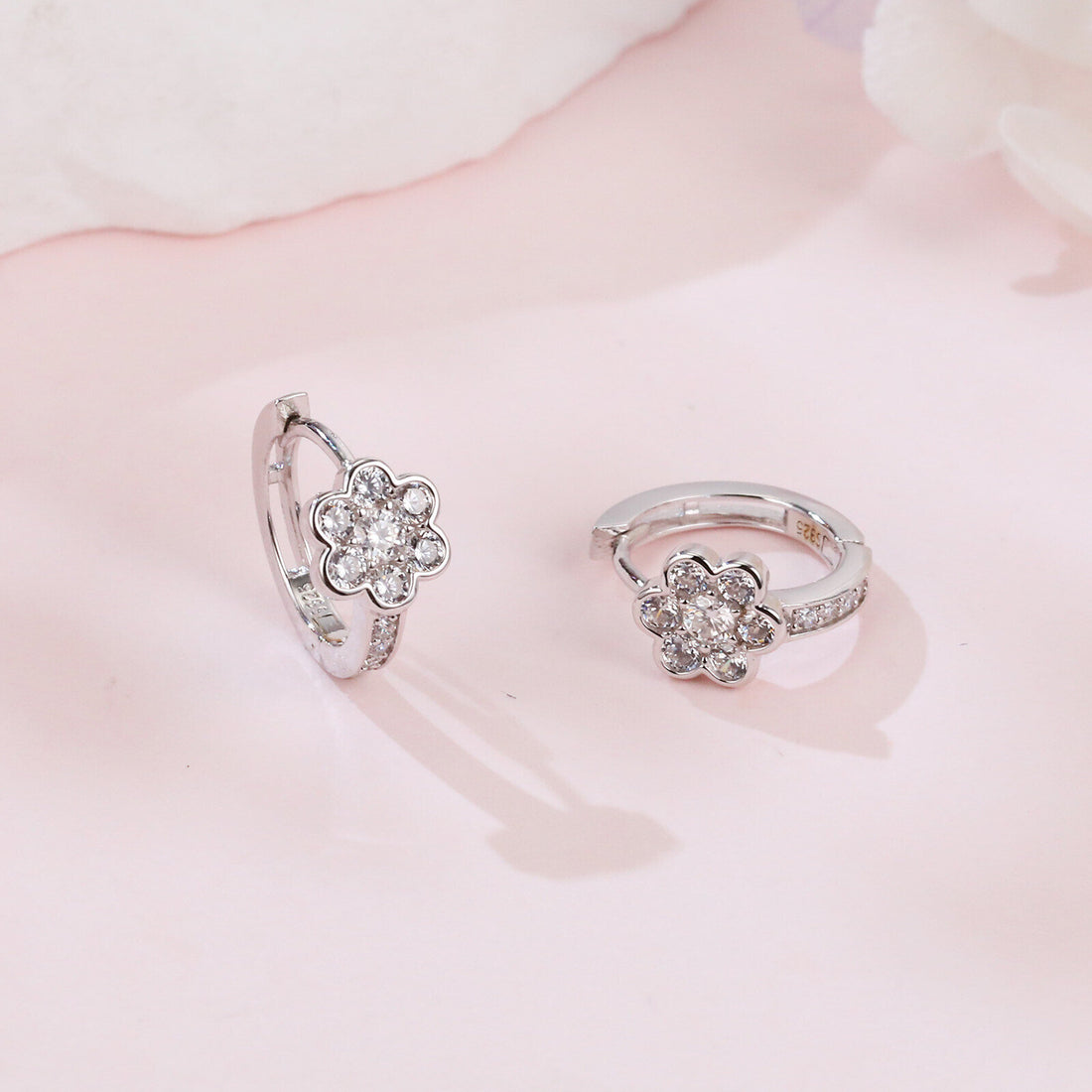Floral Moissanite Silver Huggie Earrings - product view 2