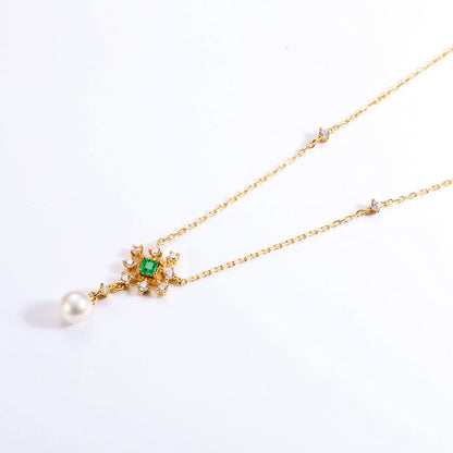 Green Accent & Pearl Drop Necklace in Gold-Tone Silver - view 3