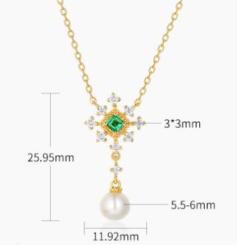 Green Accent & Pearl Drop Necklace in Gold-Tone Silver