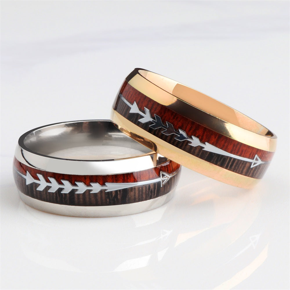 Stainless Steel Wood Grain Arrow Inlaid Ring - view 4