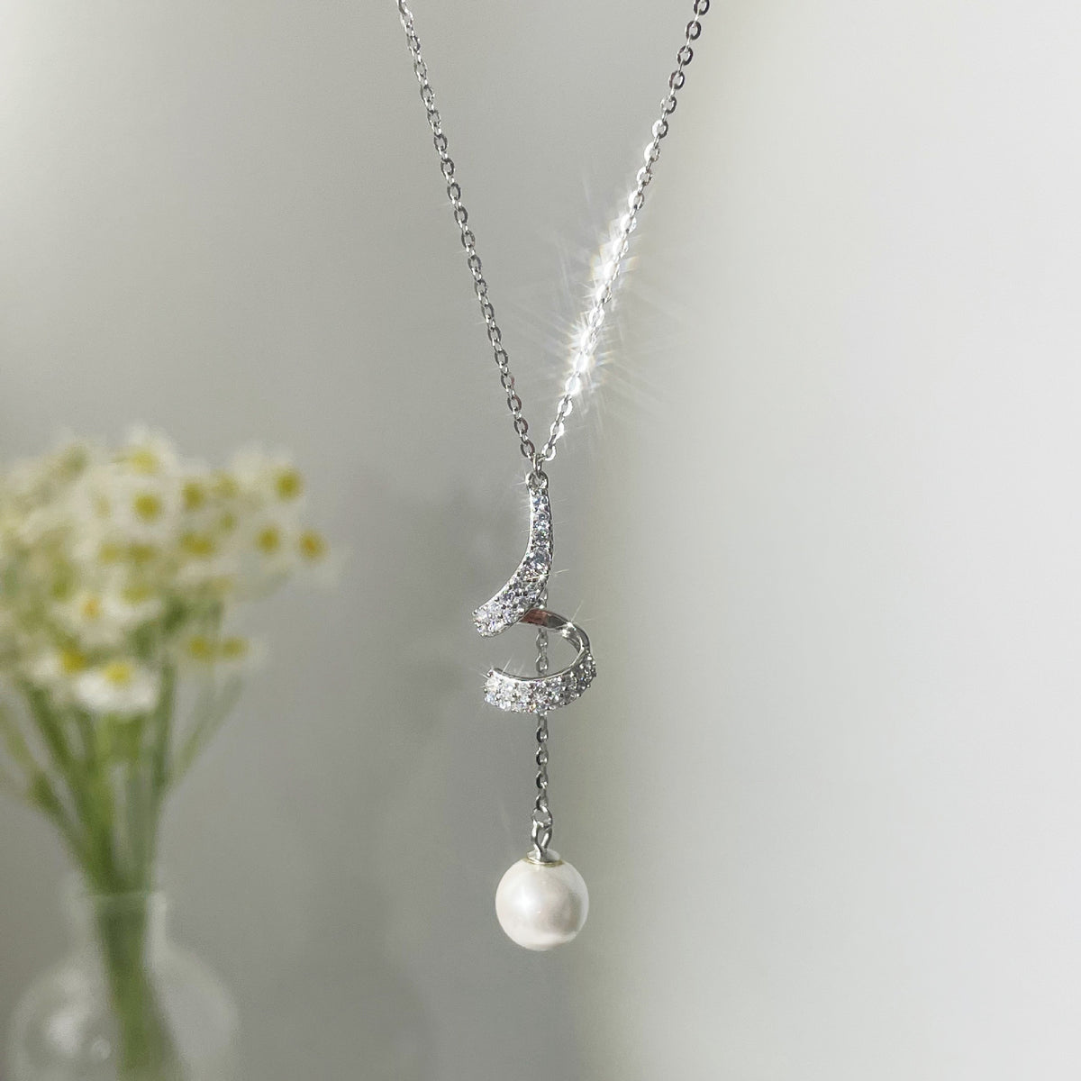 Fan & Pearl Drop Necklace in Gold-Tone Silver - view 5