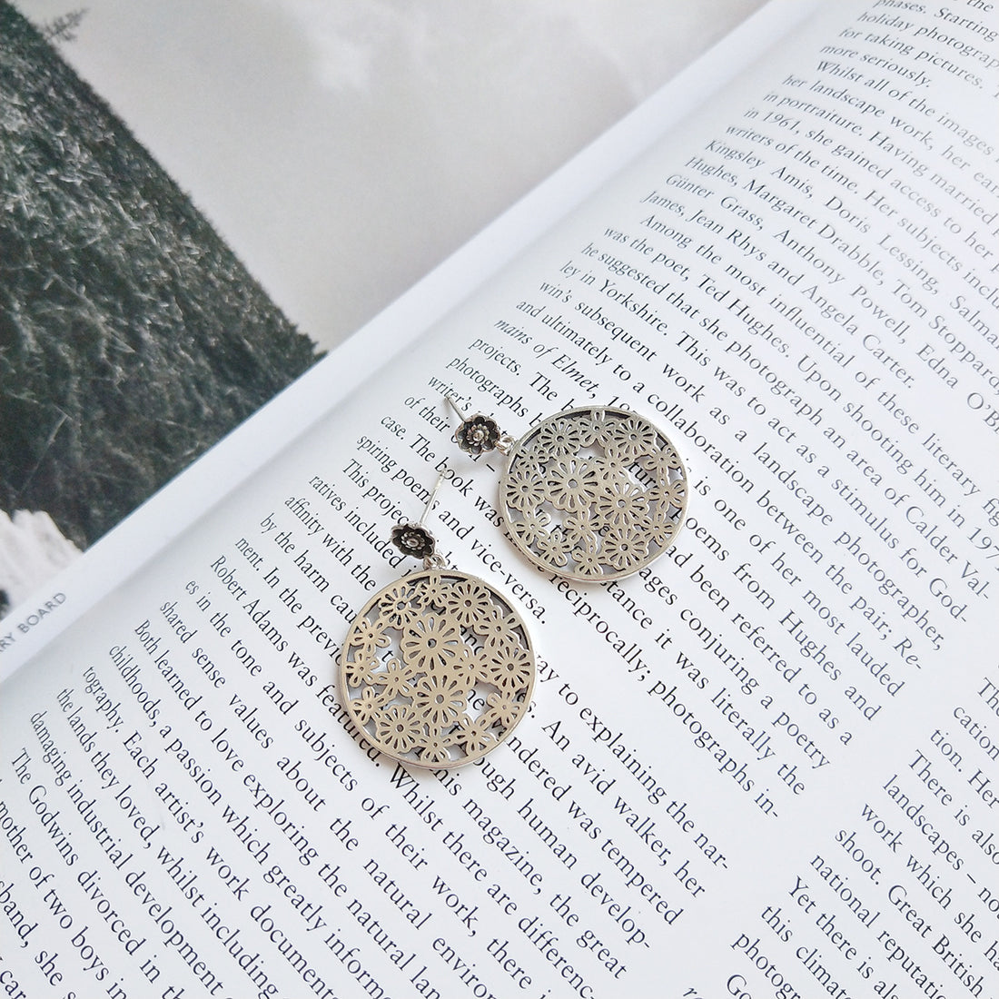 Filigree Medallion Drop Earrings in Silver — product photograph 2