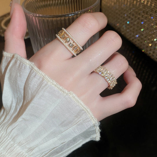 Pearl Hollowed-out Square Open-end Zircon Ring