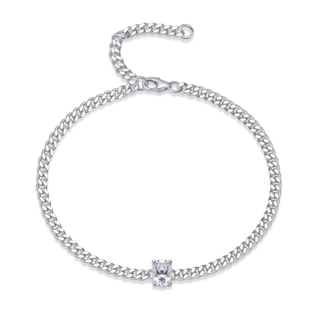 S925 Silver 1ct Oval Moissanite Bracelet, Cuban Link Adjustable