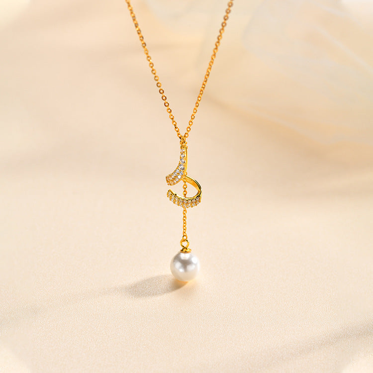 Fan & Pearl Drop Necklace in Gold-Tone Silver - view 3