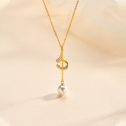Fan & Pearl Drop Necklace in Gold-Tone Silver - view 3