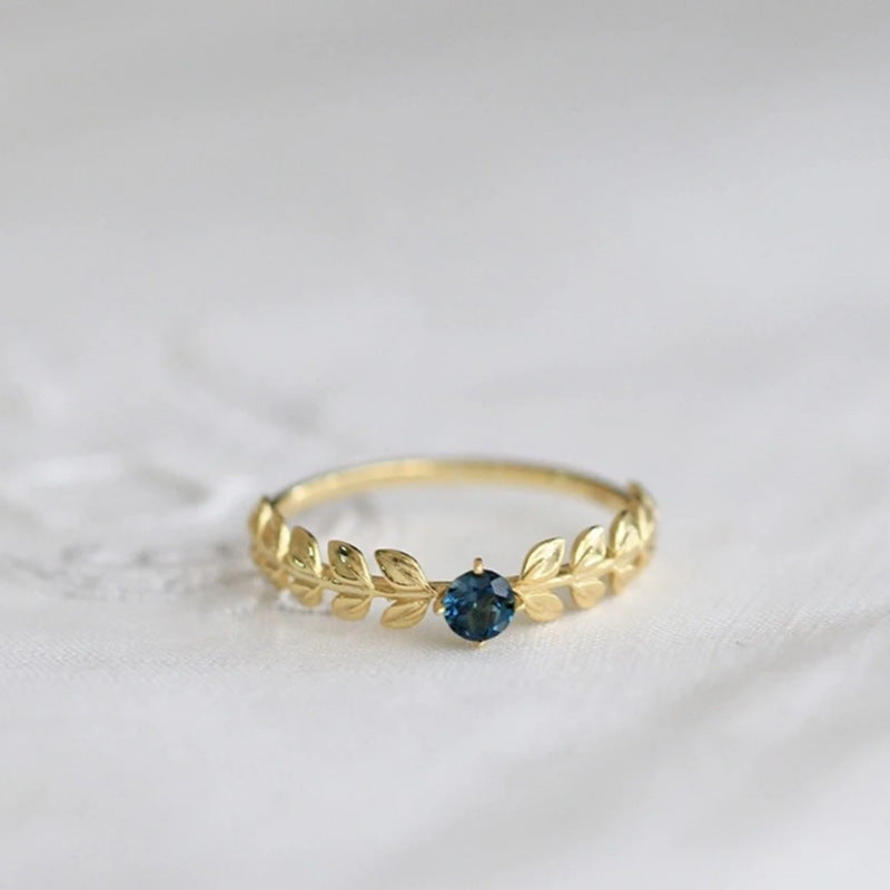Blue-Accent Leaf Ring in Gold-Tone Silver