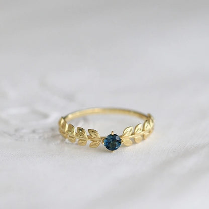 Blue-Accent Leaf Ring in Gold-Tone Silver - view 2