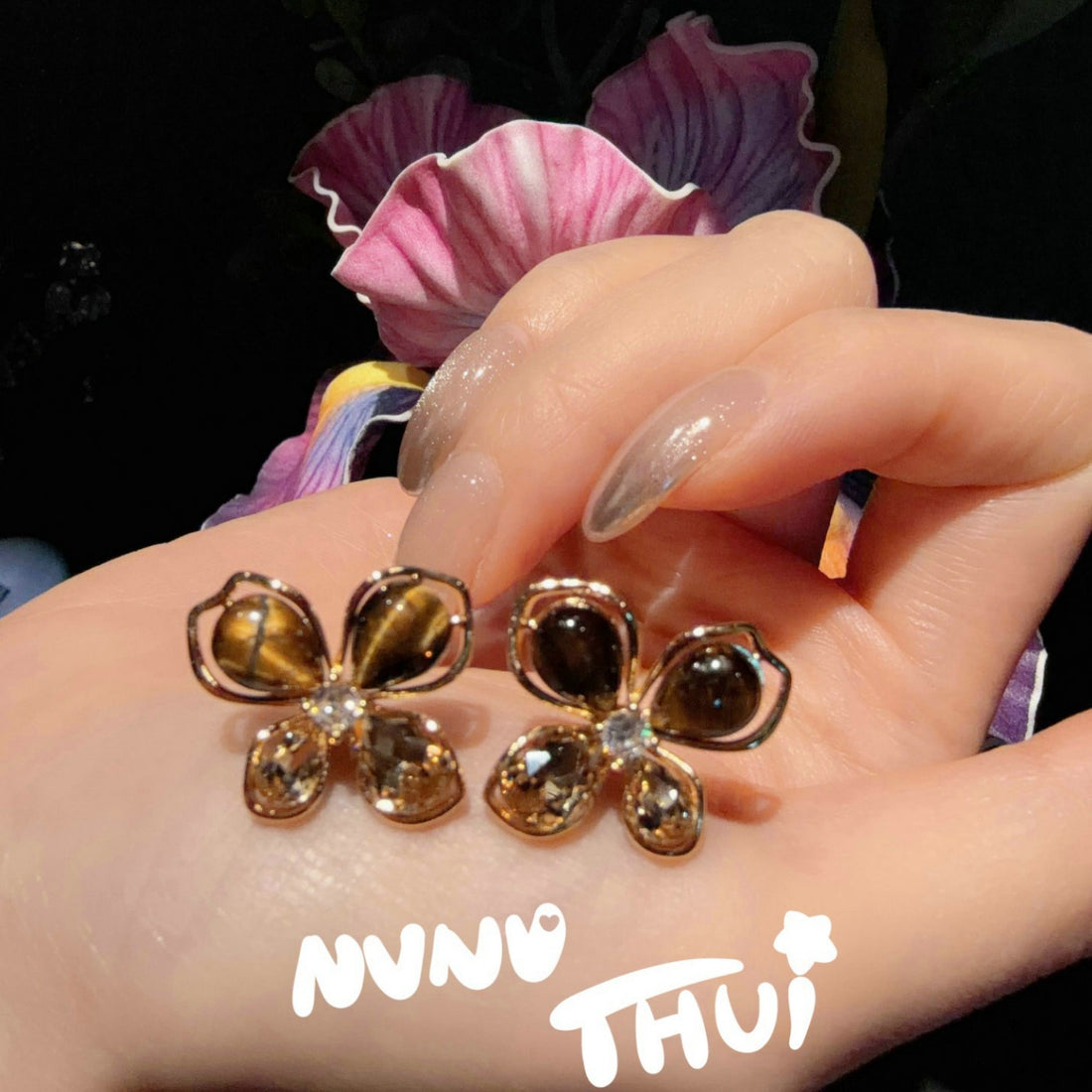 Vintage Large Pearl Jewelry Earrings, Sicily Style Maillard Tiger Eye Butterfly Dangle