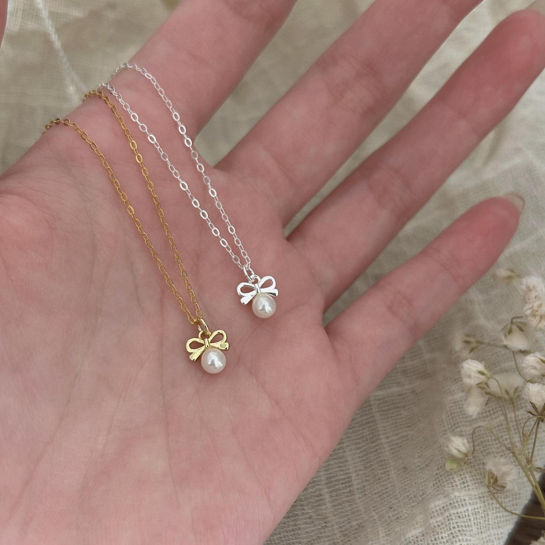 Petite Bow & Pearl-Accent Necklace in Gold-Tone Silver