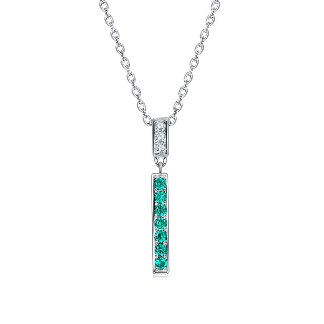 S925 Silver 3g Lab-Created Emerald Bar Necklace, 1.8mm Stones 42+3cm, D VVS1