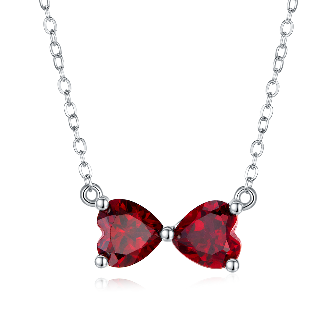 S925 Silver 2.4g 1.6ct Lab-Created Ruby Bow Necklace, 6mm Heart Pendant, 40&5cm