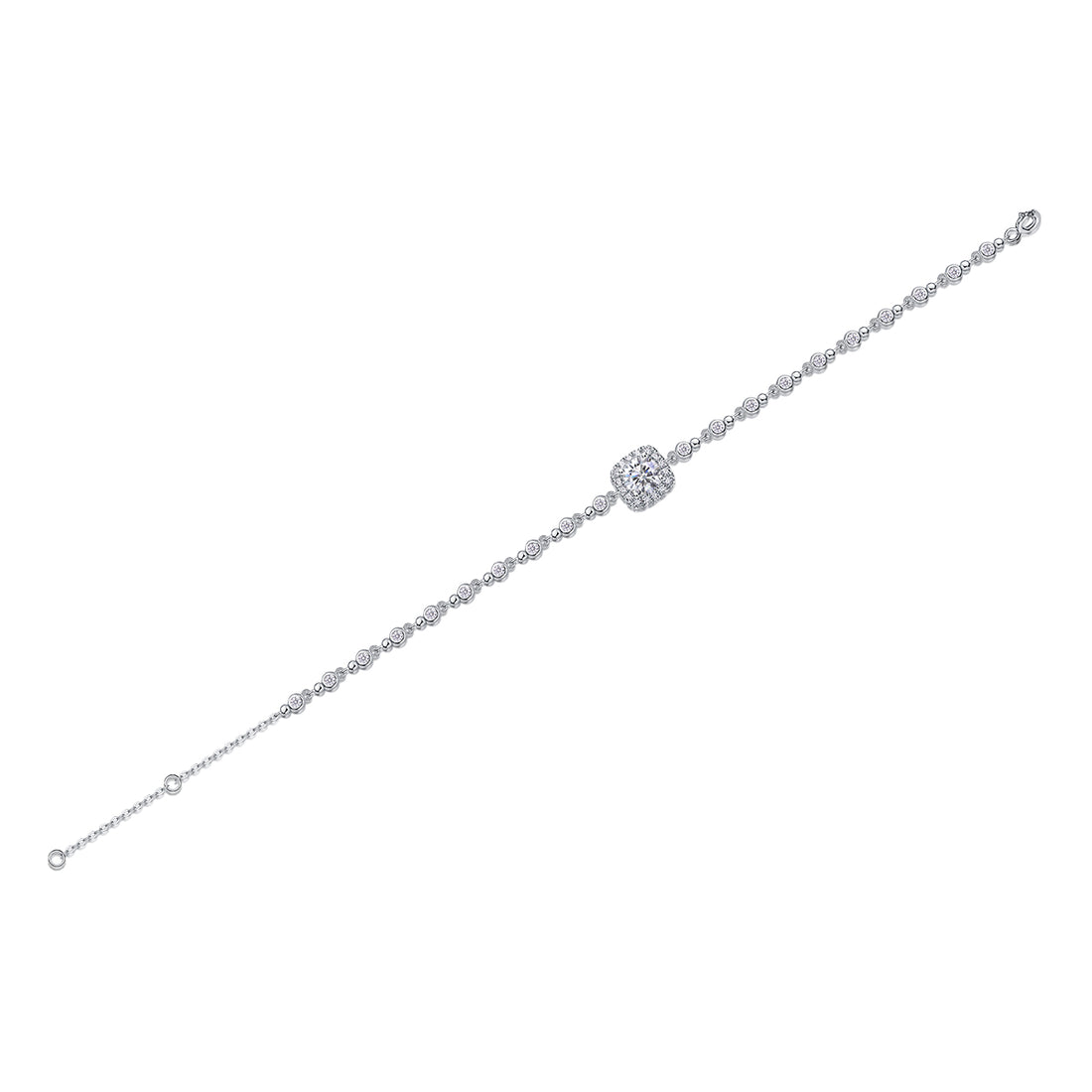 S925 Silver 1ct Cushion Halo Moissanite Bracelet, D VVS1 16 and 5cm Adjustable
