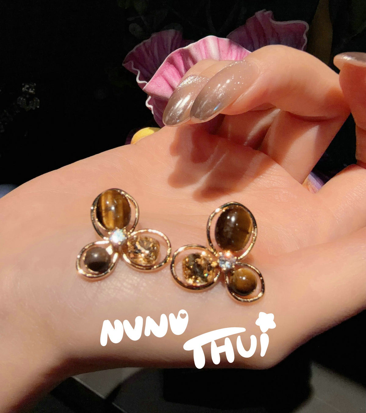 Vintage Large Pearl Jewelry Earrings, Sicily Style Maillard Tiger Eye Butterfly Dangle
