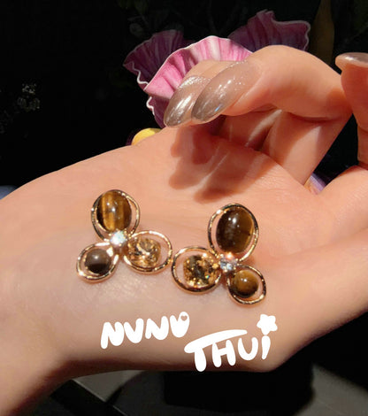 Vintage Large Pearl Jewelry Earrings, Sicily Style Maillard Tiger Eye Butterfly Dangle