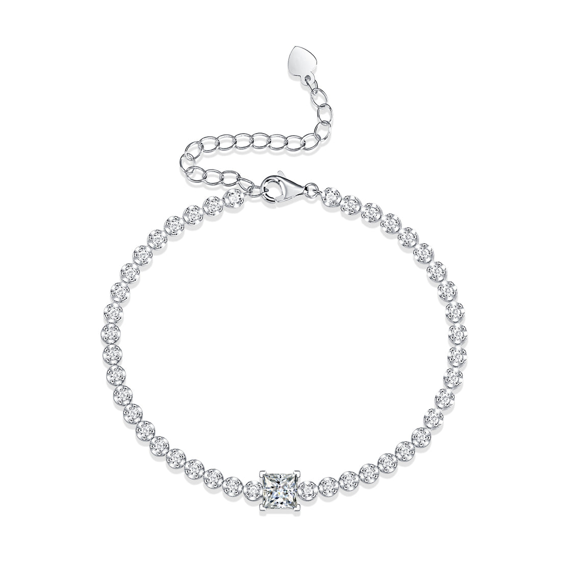 S925 Silver 1ct Princess Cut Moissanite Bracelet Adjustable GRA Certified