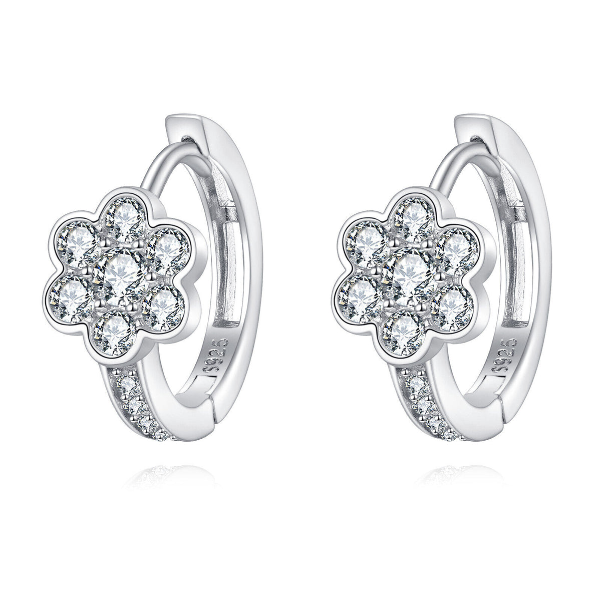 Floral Moissanite Silver Huggie Earrings - product view 1