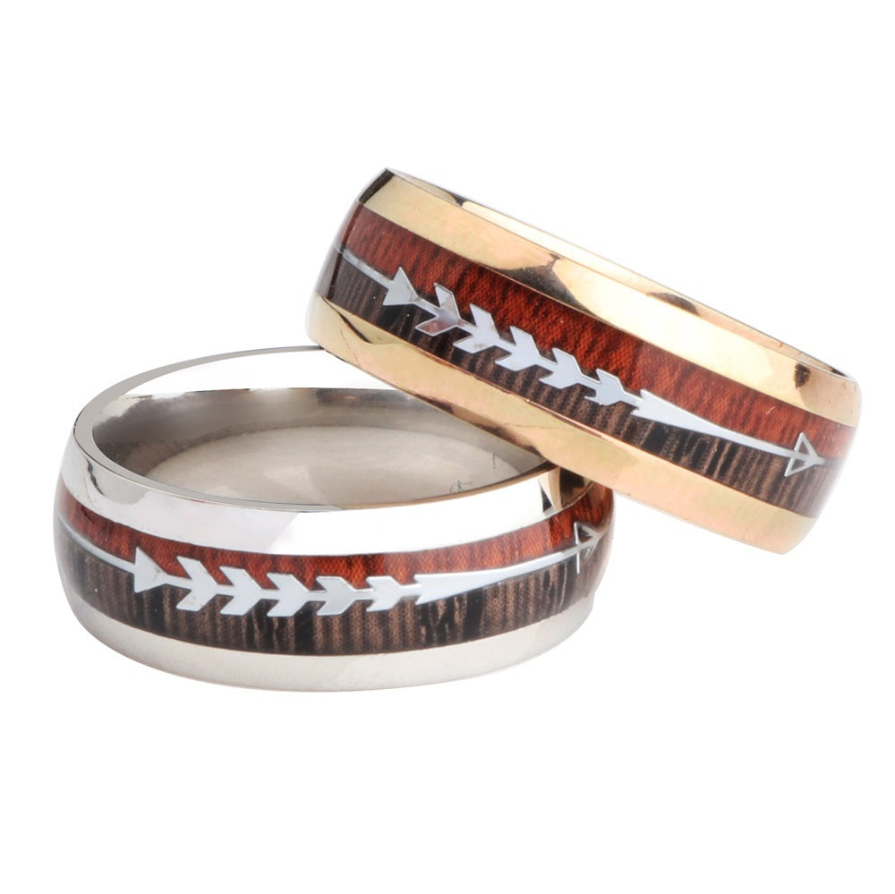 Stainless Steel Wood Grain Arrow Inlaid Ring - view 5
