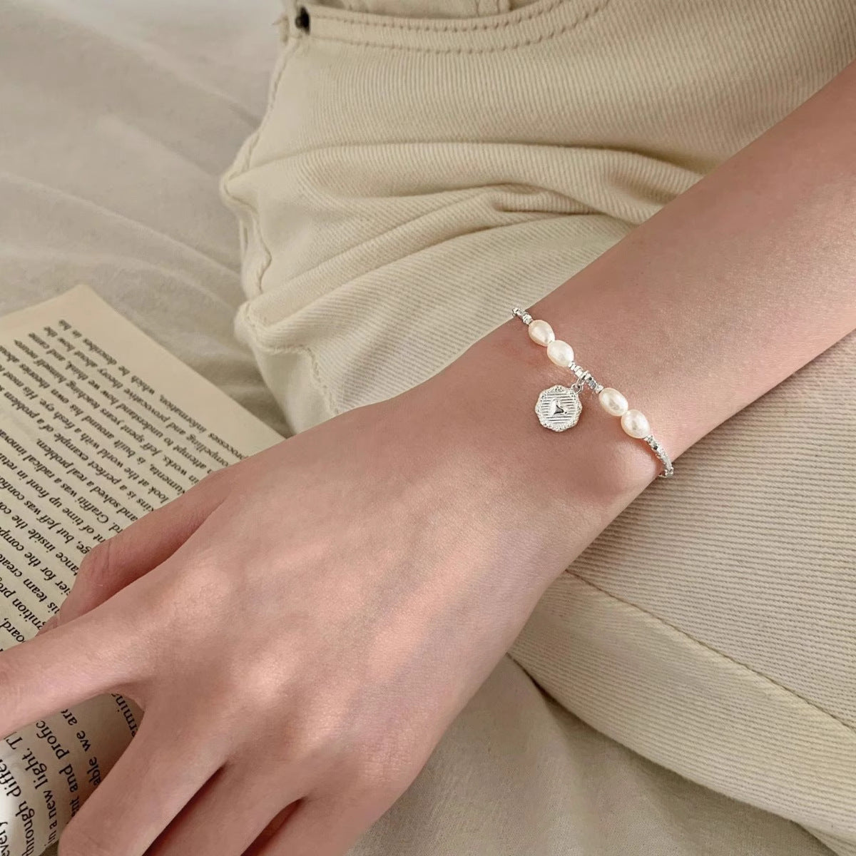 Oval Bead & Heart Charm Bracelet in Silver - view 2
