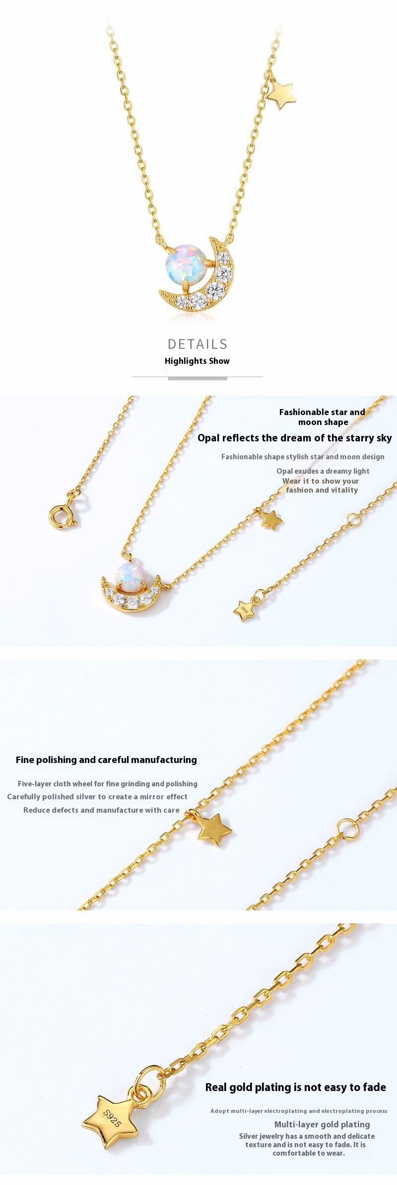 Synthetic Opal Crescent Necklace in Silver - product view 4