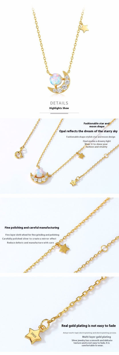Synthetic Opal Crescent Necklace in Silver - product view 4