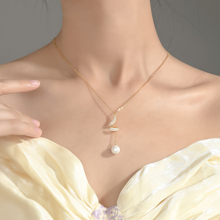 Fan & Pearl Drop Necklace in Gold-Tone Silver - view 1