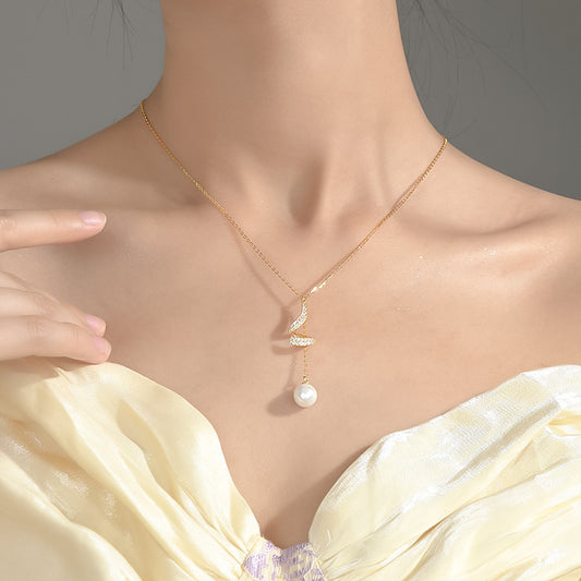 Fan & Pearl Drop Necklace in Gold-Tone Silver - view 1