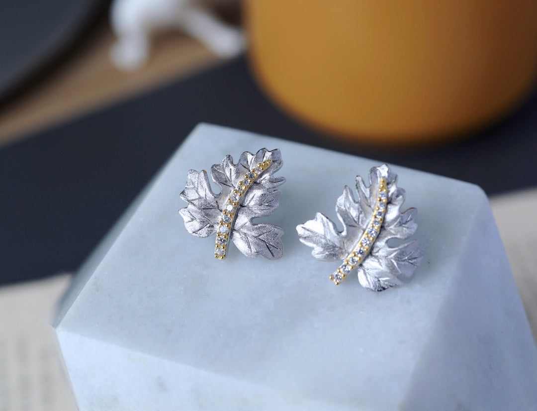 Gilded Leaf Stud Earrings in Silver — product photograph 2