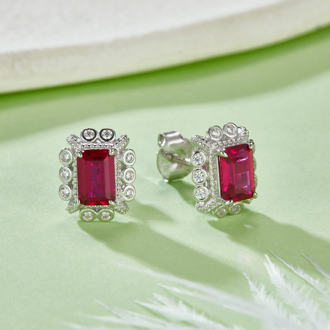 S925 Silver 2.2g Platinum Plated 1.6ct Lab-Created Ruby Stud Earrings, 6x4mm Emerald Cut