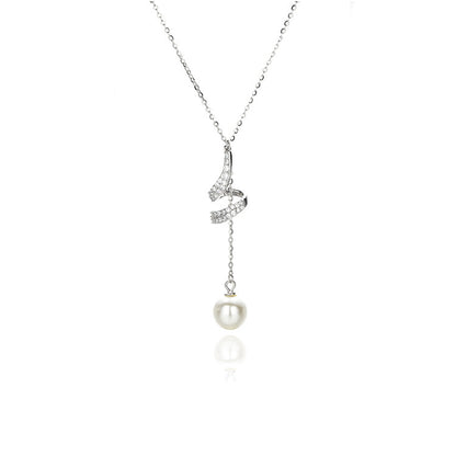 Fan & Pearl Drop Necklace in Gold-Tone Silver - view 6