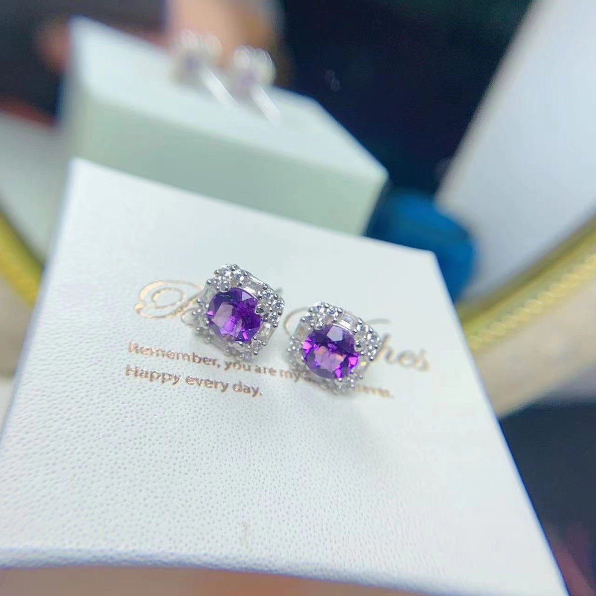 Amethyst Halo Stud Earrings in Silver - product view 3
