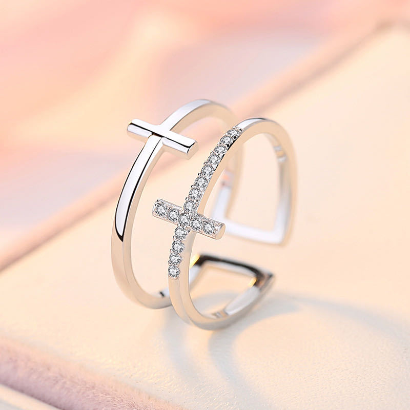 Double Cross Miniature Copper Inlaid Zircon Ring - view 1