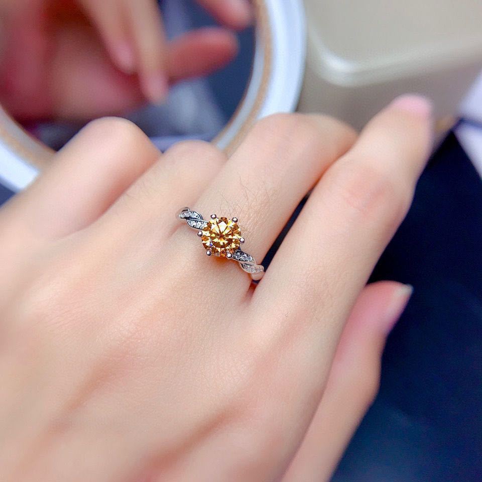 Women 8 Hearts 8 Arrows Champagne Moissanite Open Ring, Full Pave Iced Out Luxury Design