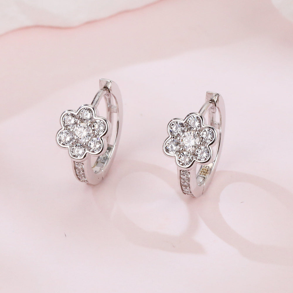 Floral Moissanite Silver Huggie Earrings - product view 4