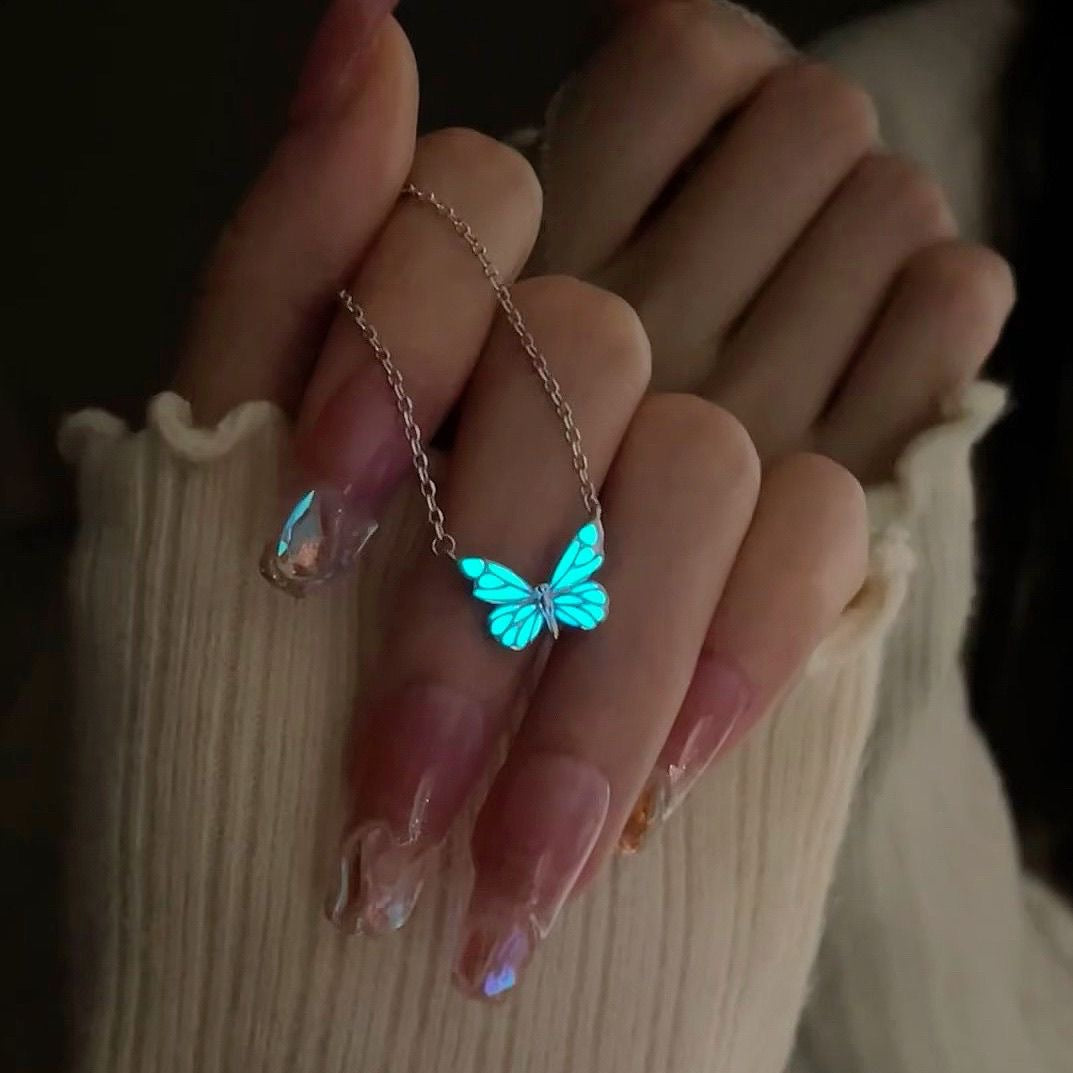 Fashion Blue Luminous Butterfly Necklace Bracelet Set For Glow In The Dark - view 3