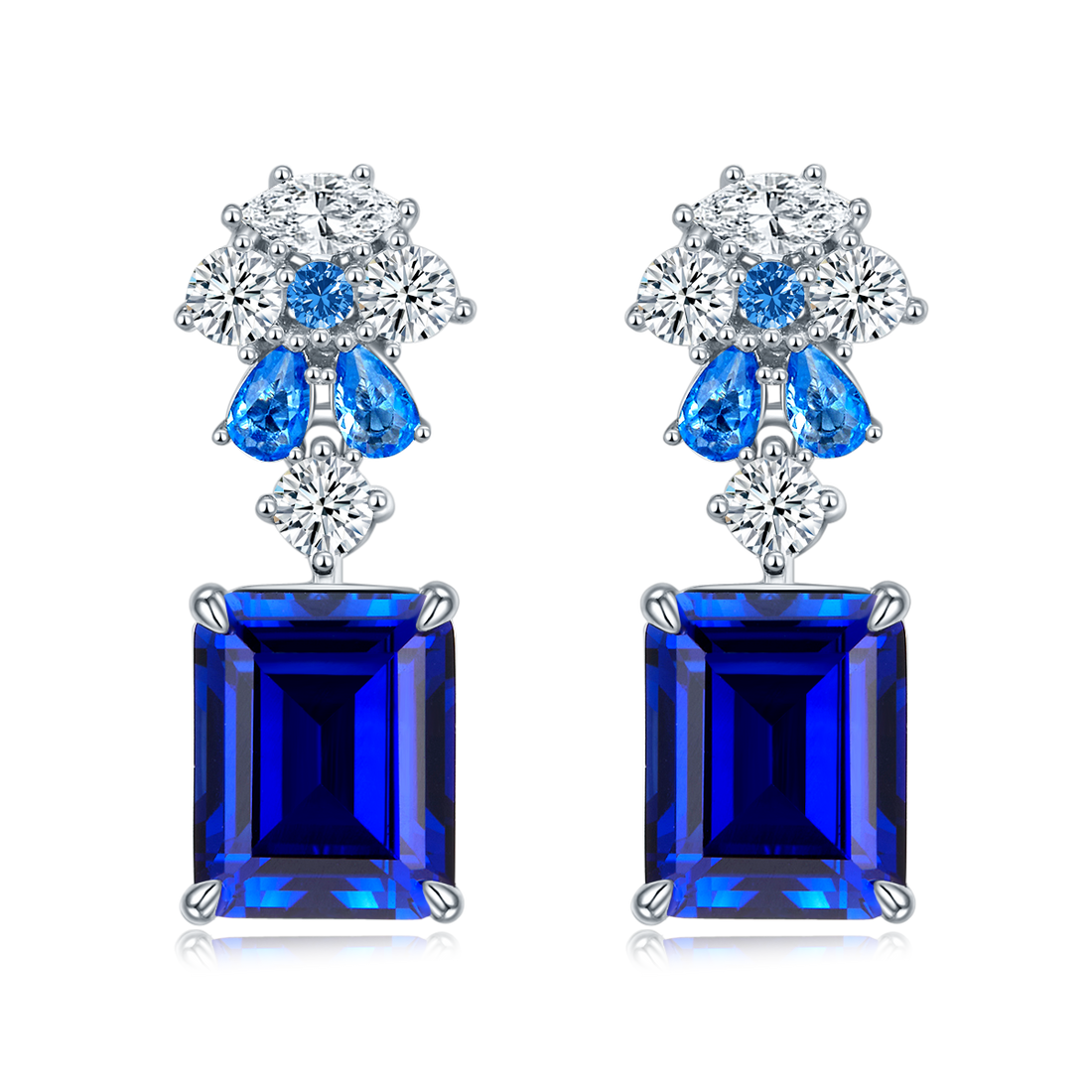 S925 Silver 6.5g 8ct Lab-Created Sapphire Drop Earrings, 10x8mm Emerald Cut