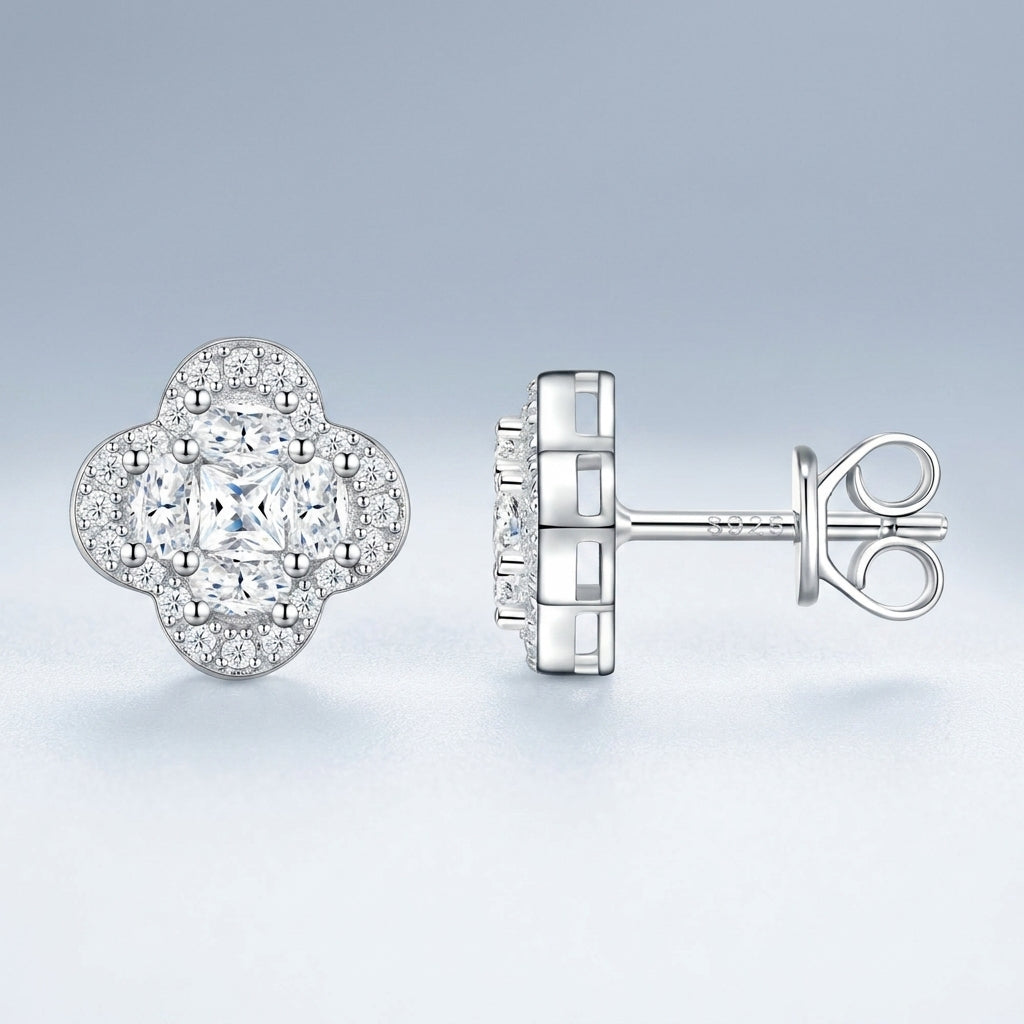 S925 Silver 2.5g Platinum Plated D VVS1 Moissanite Flower Cluster Stud Earrings, Pair