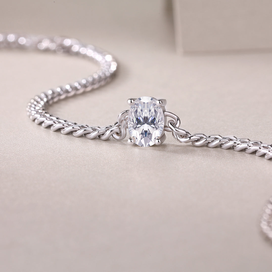 S925 Silver 1ct Oval Moissanite Bracelet, Cuban Link Adjustable