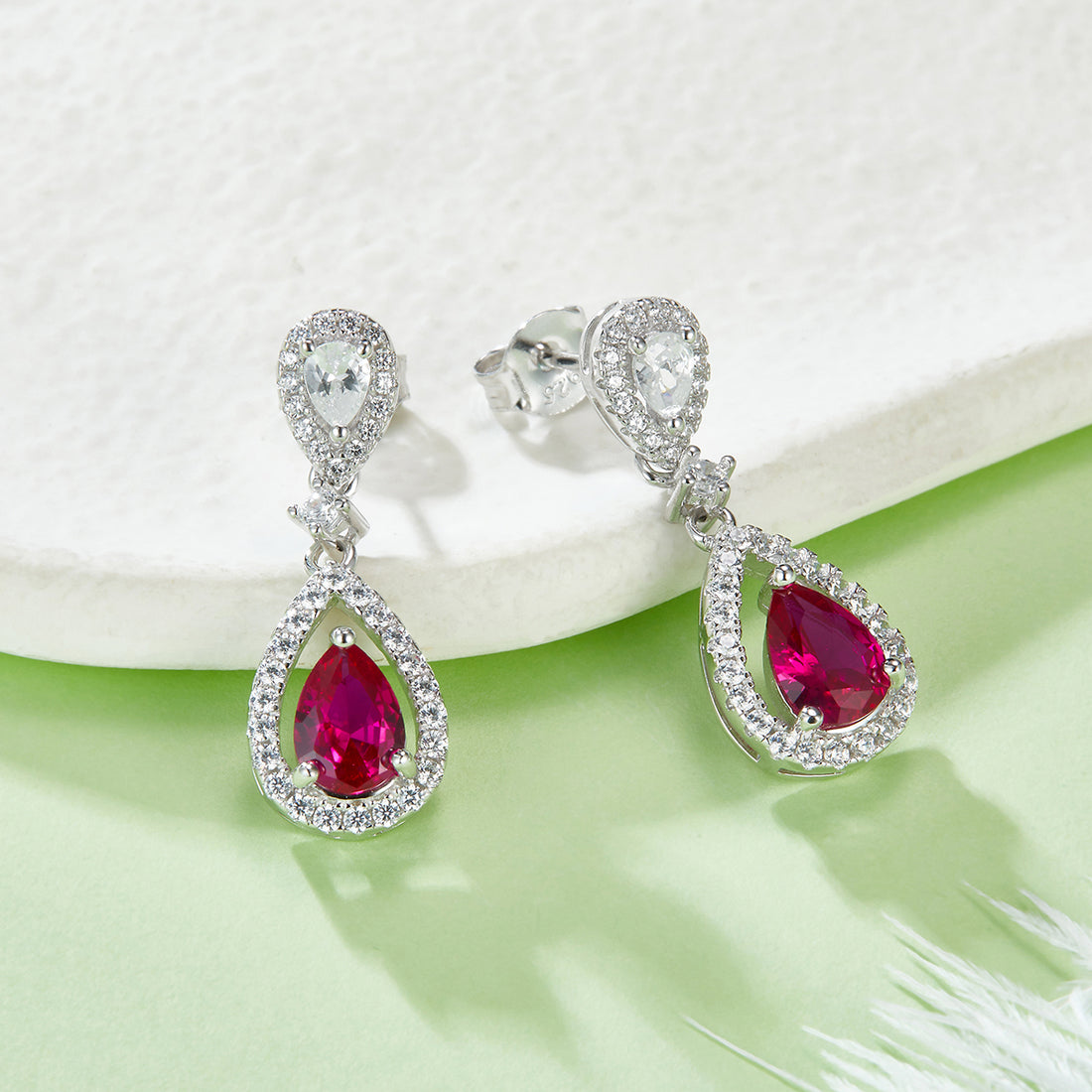 S925 Silver 3.9g Lab-Created Ruby Drop Earrings, 0.8ct 7x5mm Halo, Pair