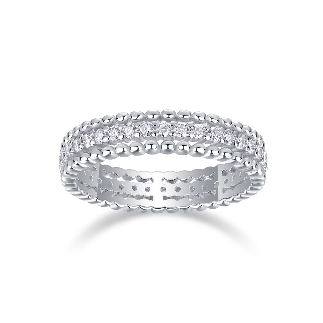 S925 Silver 2.4g Platinum Plated Moissanite Ring, 4.3mm Beaded & Pave Band, D VVS1 GRA