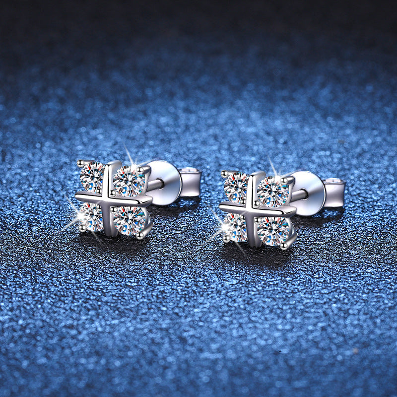 S925 Silver Stud Moissanite Classic Cross Platinum Plated Earrings