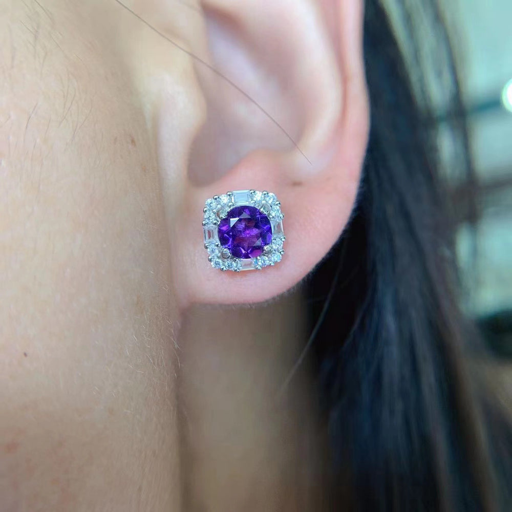 Amethyst Halo Stud Earrings in Silver - product view 5