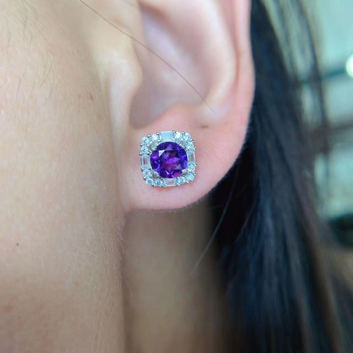 Amethyst Halo Stud Earrings in Silver - product view 5