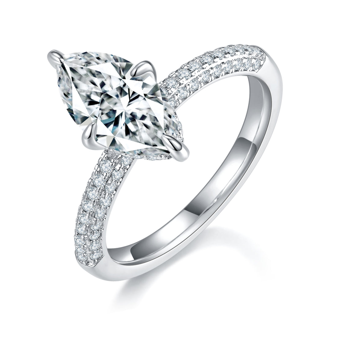 S925 Silver 3g Platinum Plated Marquise Moissanite Ring, 12x6mm 2.0ct D VVS1 Pave