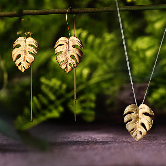 Monstera Leaf Necklace in Gold-Tone Silver - view 1