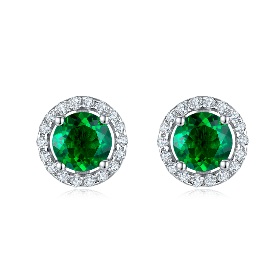 S925 Silver 2.6g Lab-Created Emerald Halo Stud Earrings, 1ct 5mm, Pair