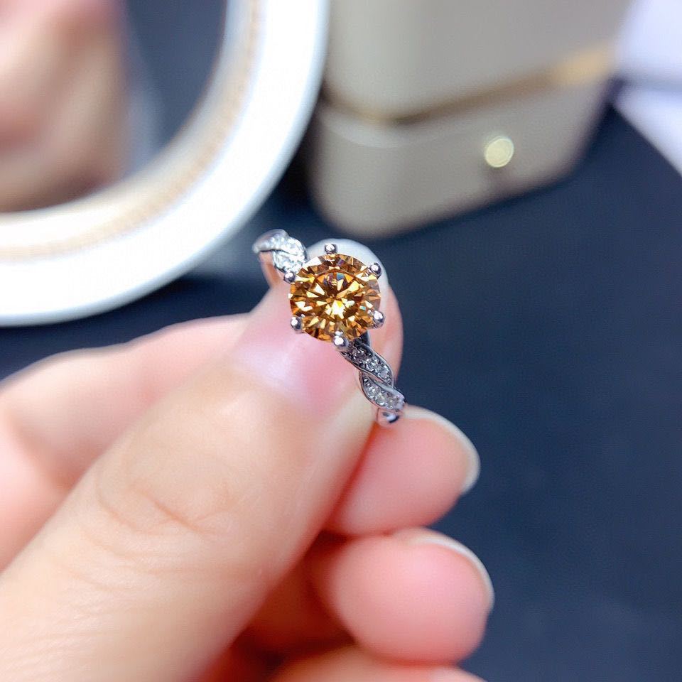 Women 8 Hearts 8 Arrows Champagne Moissanite Open Ring, Full Pave Iced Out Luxury Design